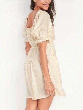 Old Navy Cream Floral Embroidered Puff Sleeve Dress Summer Cottagecore Cotton